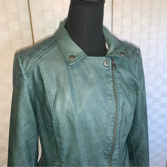 Anthropologie Fayette Vegan Leather Jacket Teal Boho Peplum Women’s Size 12 - Picture 13 of 15